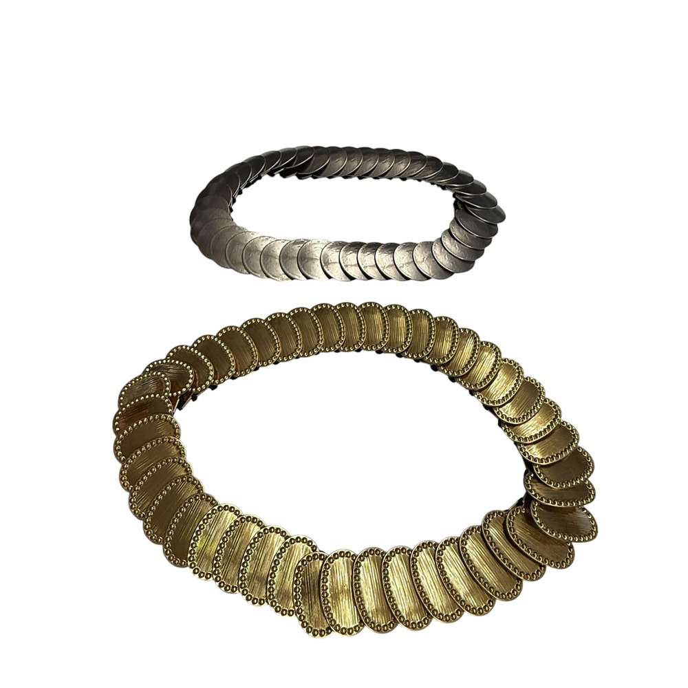 Vintage Womens Stretch Belt Metal Plates Medallions Gold Silver Boho Retro Glam